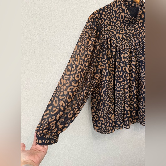 Ann Taylor Chiffon Animal Leopard Print Long Sleeve Flowy High Neck Blouse Sz XL - Picture 5 of 11